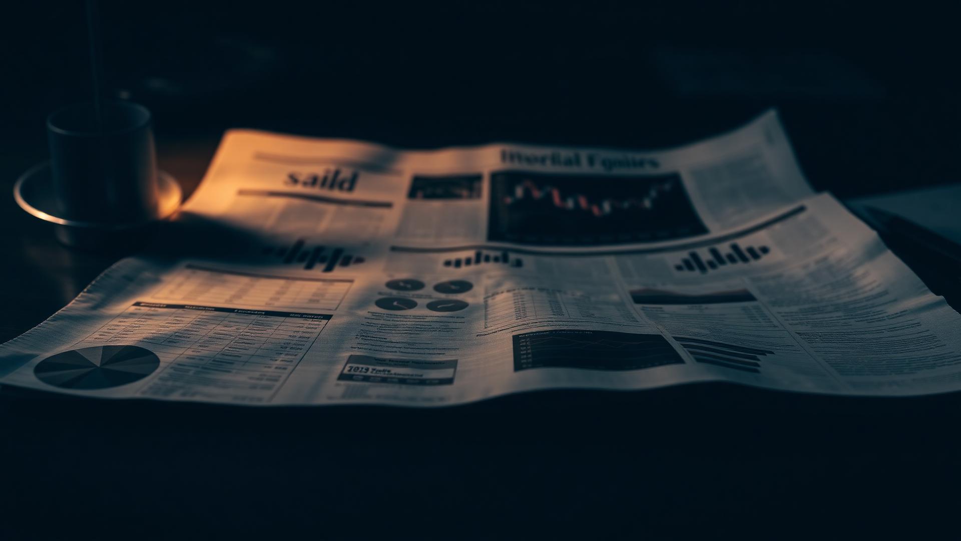 Open financial newspaper with market charts