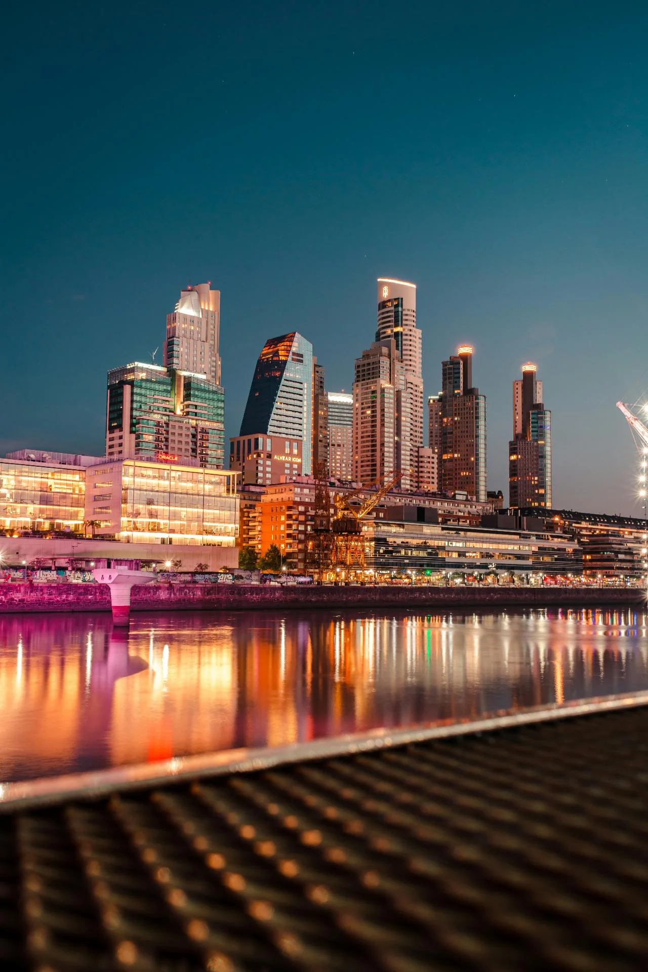 Puerto Madero skyline at night reflected in the water